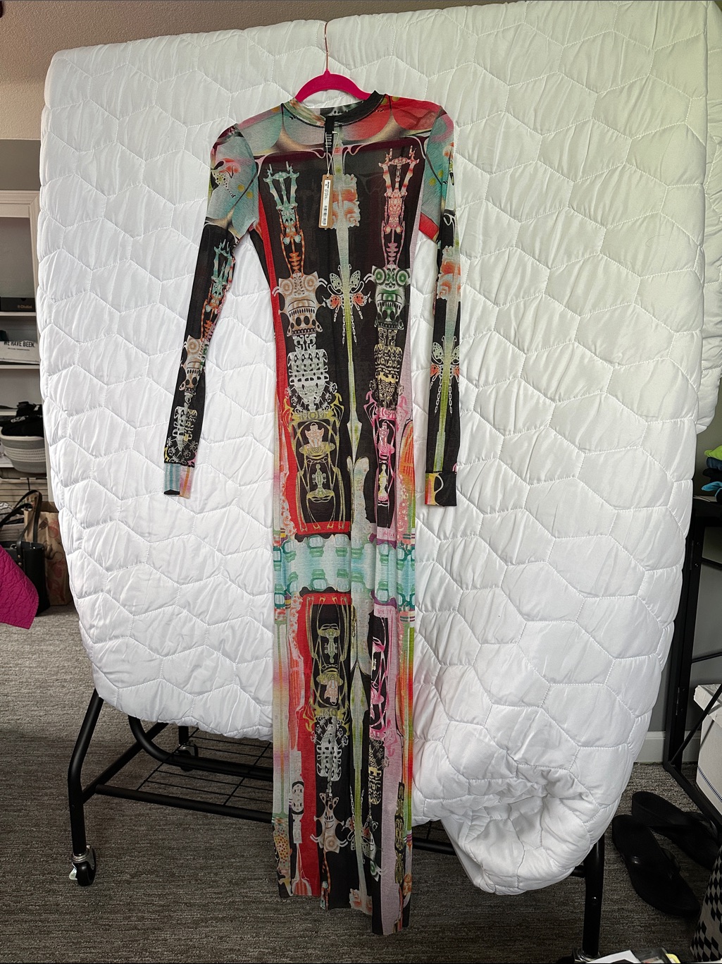Skims Multicolor Graphic Mesh Long Sleeve Maxi Dress